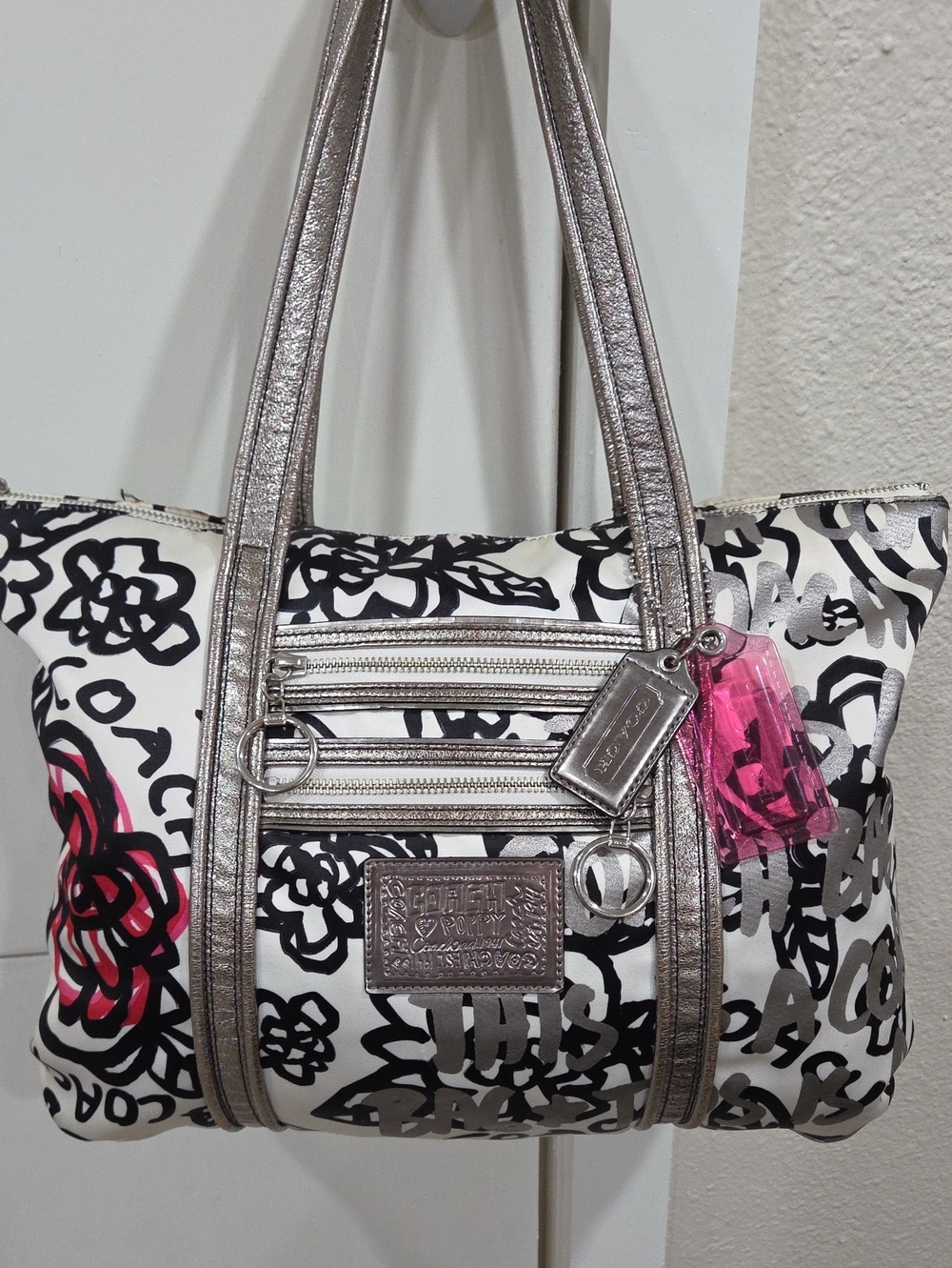 Coach Poppy Graffiti  Metallic-Trim Floral Print Tote - Silver & Pink Accent